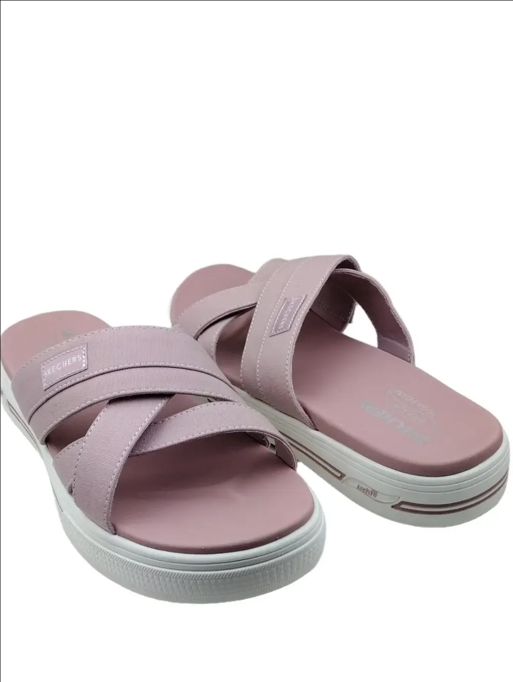 Skechers Arch Fit Daylily Mauve Canvas Crossband Open Toe Mid Sole Arcade Sandal